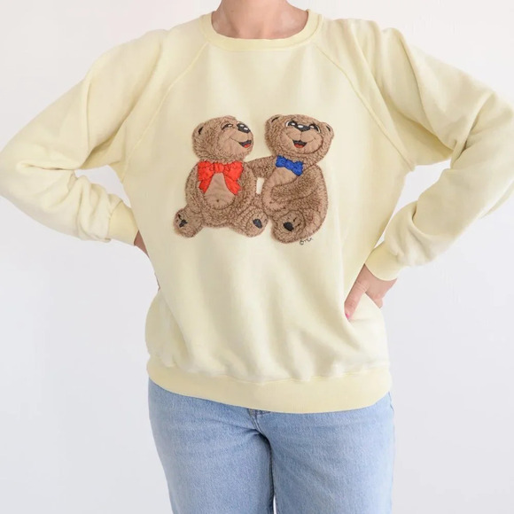 Tsk..Tsk Butter Yellow Pastel  with 2 Fuzzy Bears Crewneck Sweater - Picture 2 of 15